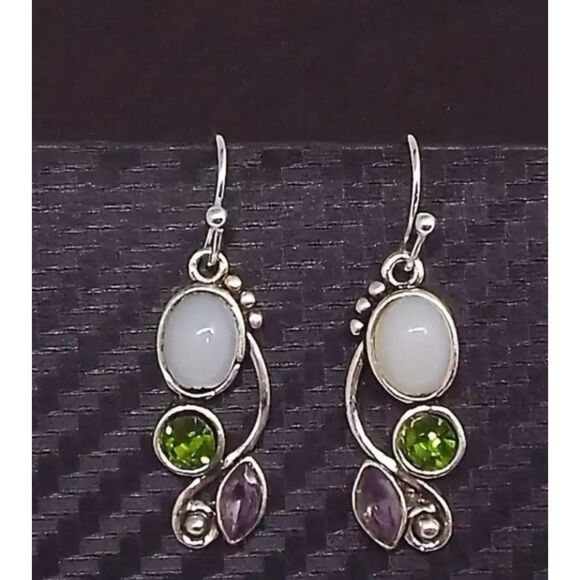 White Resin Green Peridot Purple Amethyst Silver Earrings French Wires Drop - Picture 3 of 3